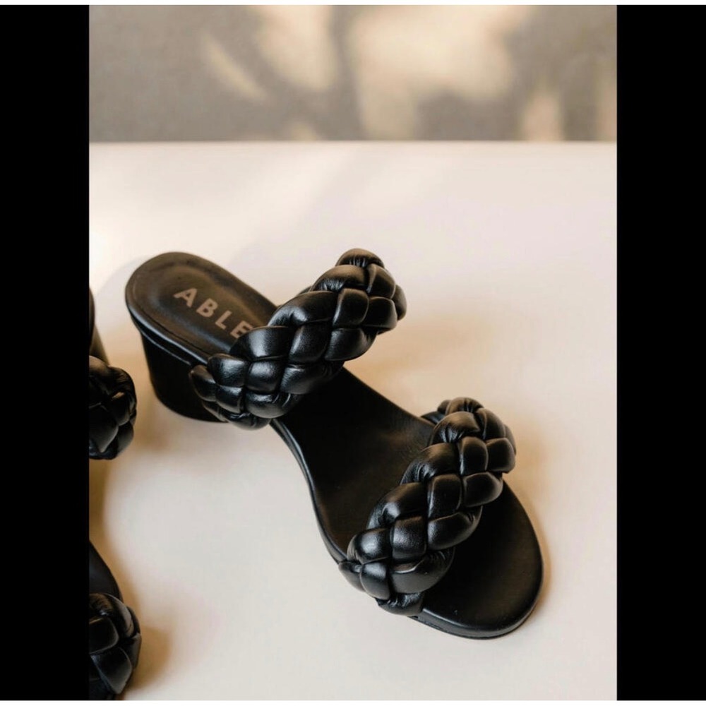 ABLE Laurel Braided Heel Sandals 8 Black Leather Double Strap Block‎ Heel
